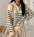 Heavy Knitted Collar Zip Stripes Pullover